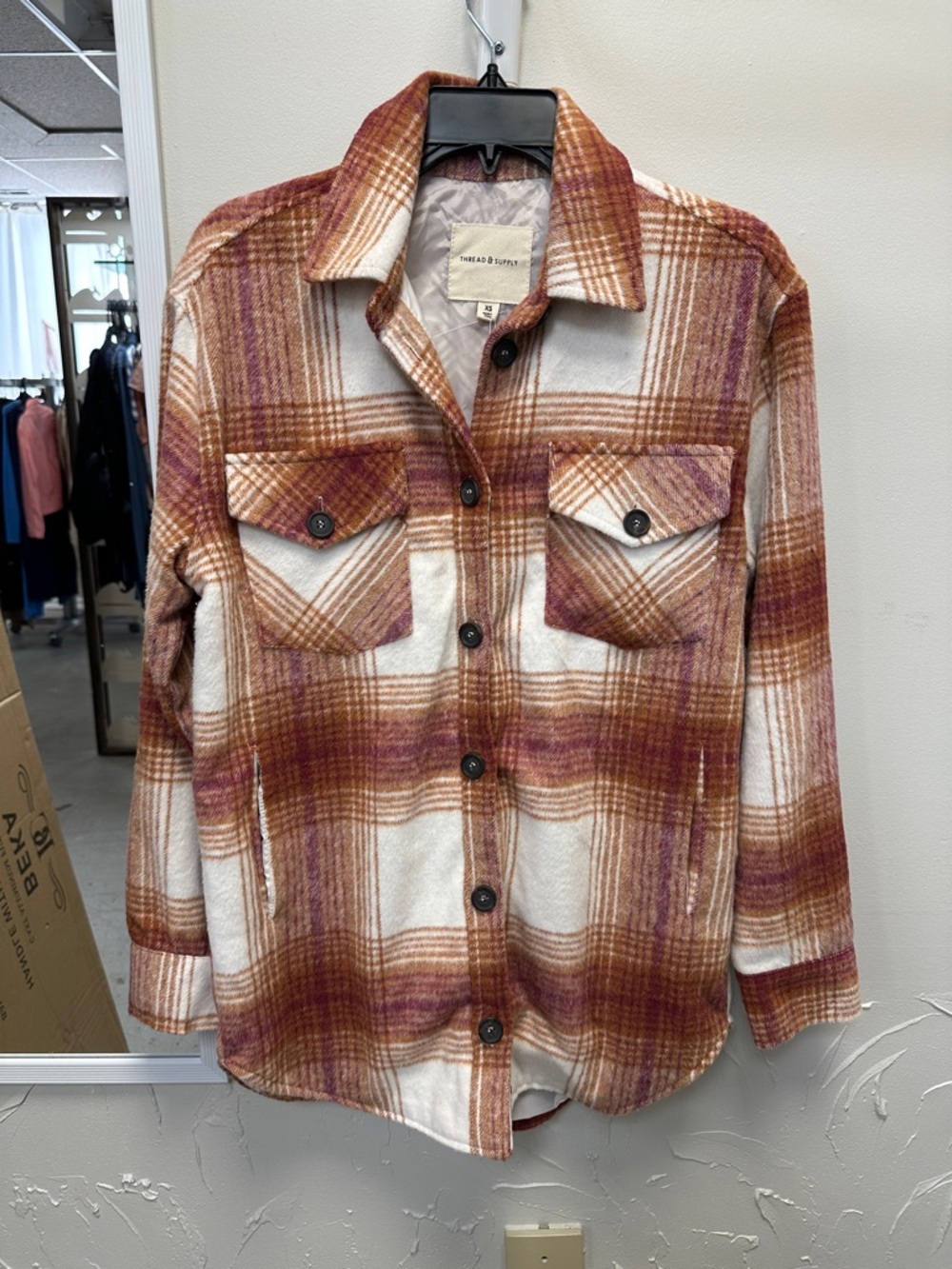 Thread & Supply Cream Plaid Shacket with Rust and Brown Tones